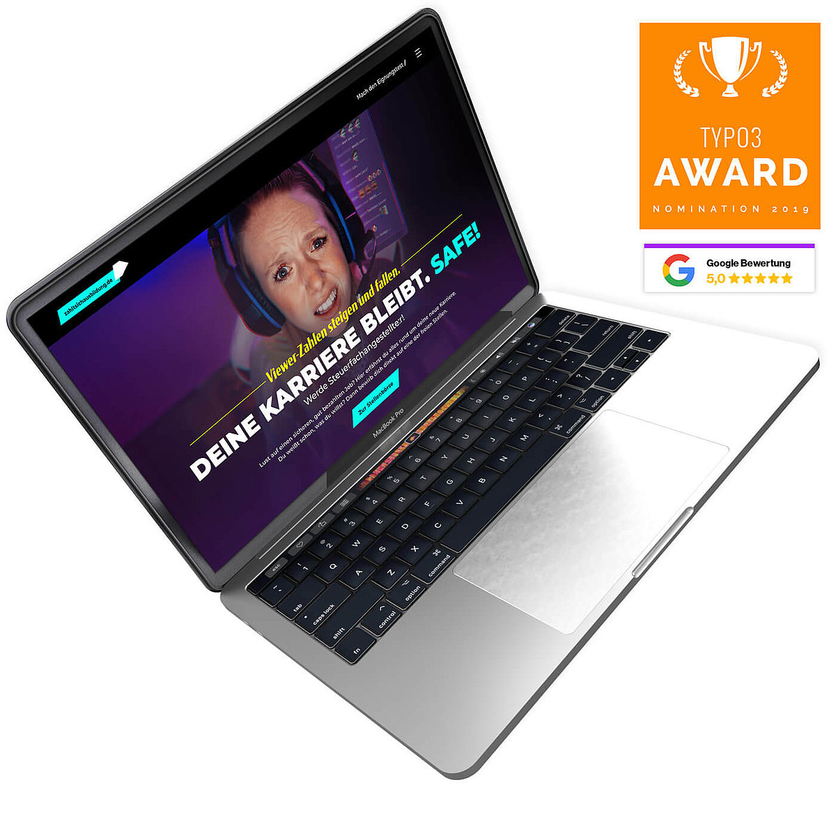 Ein Macbook mit einer TYPO3 Website. Daneben ist ein Siegel, der TYPO3 Award, abgebildet, sowie Google Bewertungen 5 von 5.